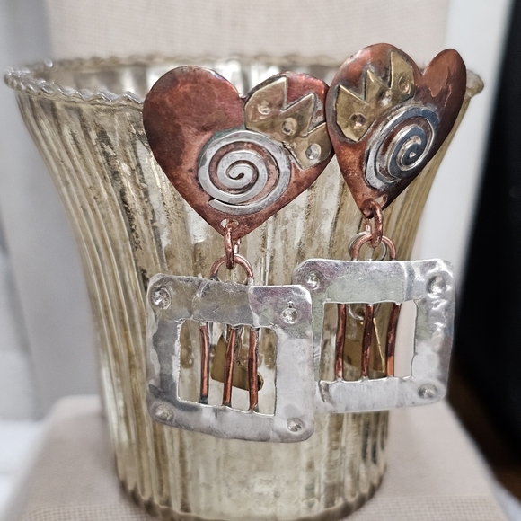 BOLIN “Caged Heart” Mixed Metal Earrings 925 Rare Artisan - Picture 5 of 14